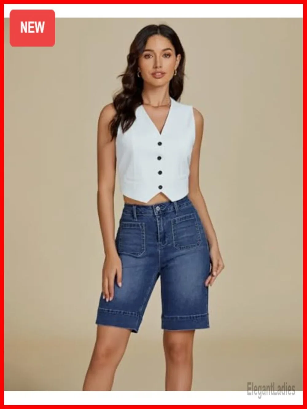 High Rise Denim Bermuda Shorts for Women with Pockets 10in Inseam Casual Summer